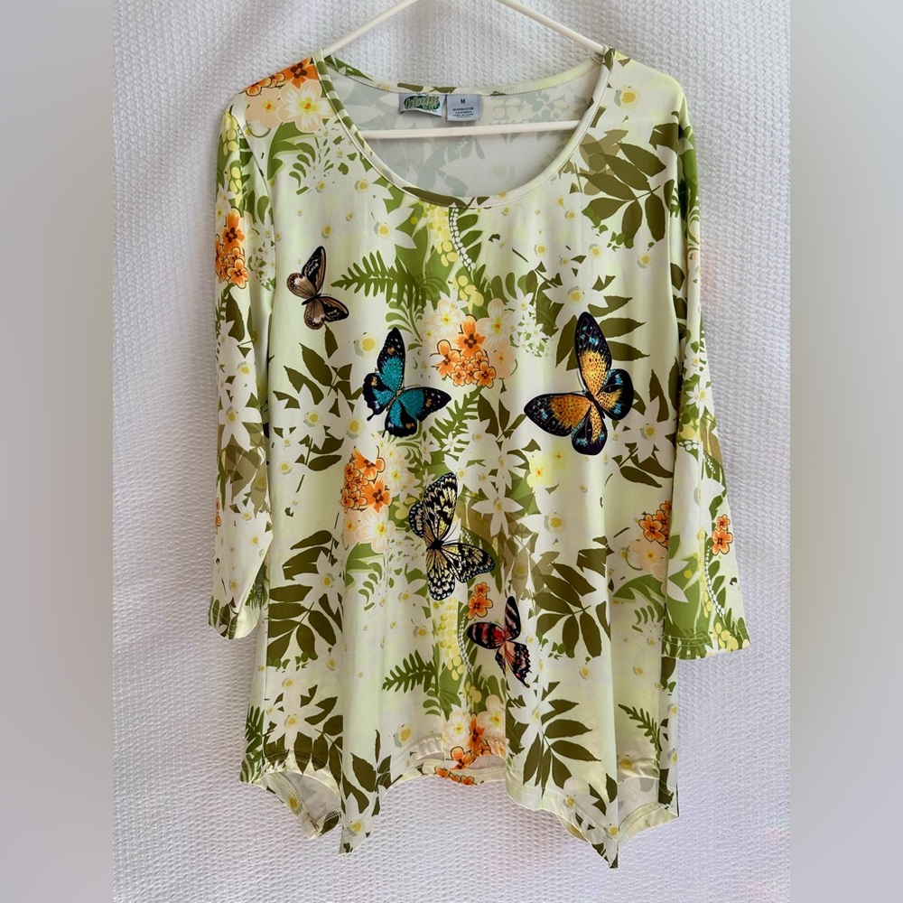 Collections Etc Butterfly Floral Print Top Women’s Medium 3/4 Sleeve Stretch